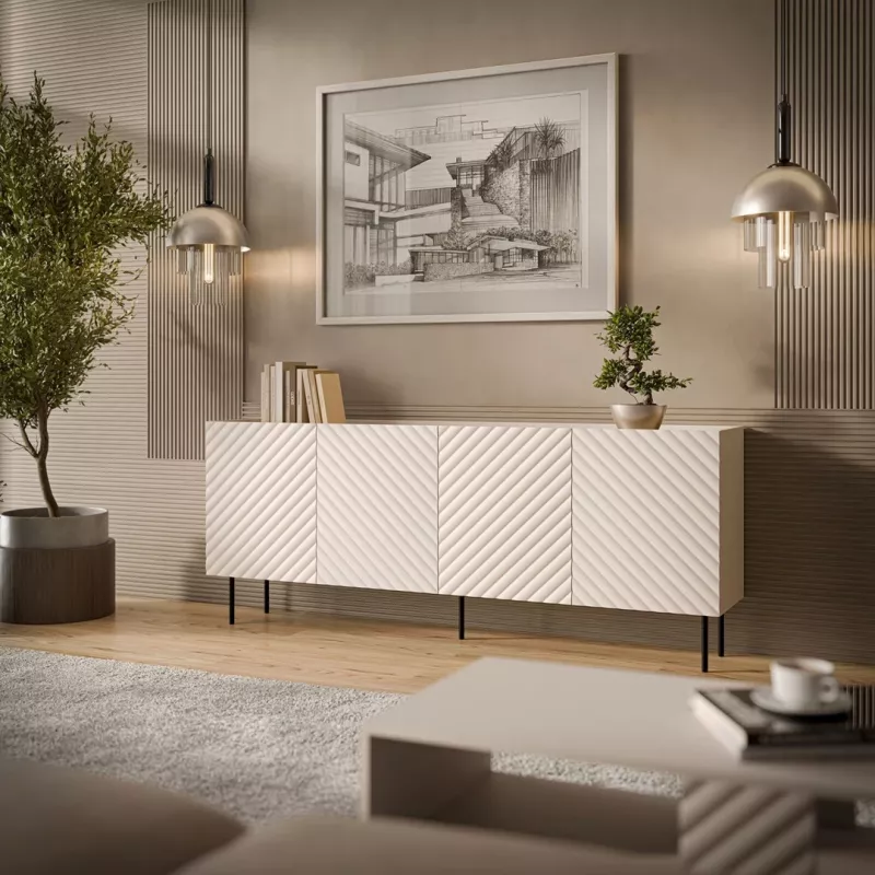 Komoda Cama Meble LUCCA 4D — 200 x 40 x 80 cm, kašmyro spalva, medžio drožlių plokštė