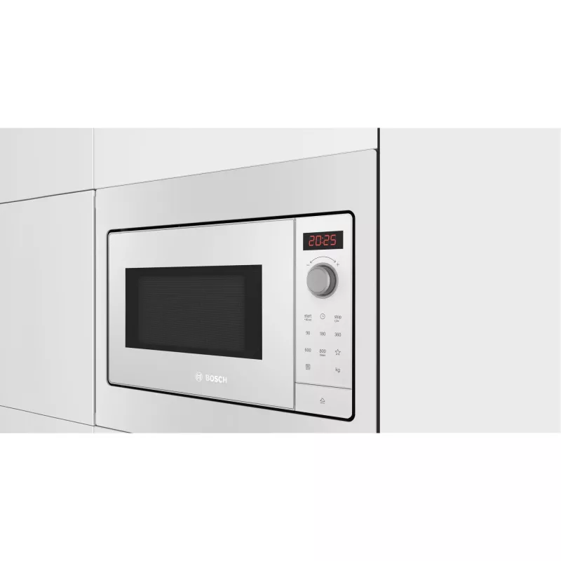 Įmontuojama mikrobangų krosnelė Bosch BFL523MW3, 800 W, 20 L, balta, jutiklinis ir sukamasis valdymas
