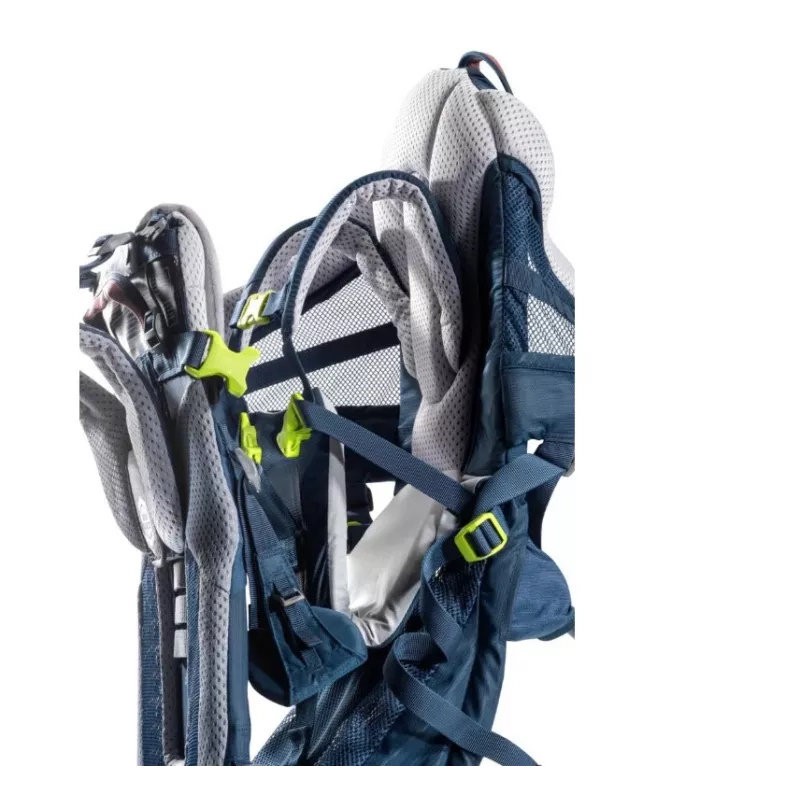 Nešiojama kuprinė vaikui DEUTER Kid Comfort Active mėlyna, poliamidas, iki 22 kg, saulės stogelis, pėdų atrama, VariQuick, Lite Air