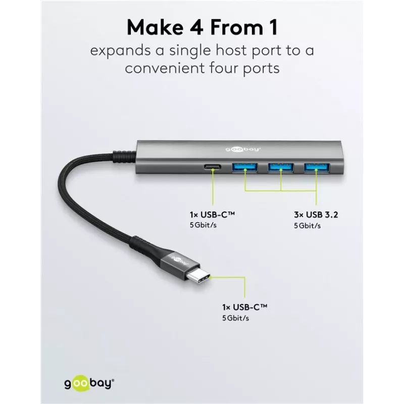 Goobay Slim 4-Port USB Hub USB-C į USB-A 5 Gbit/s - 1x USB-C, 3x USB-A (76562)