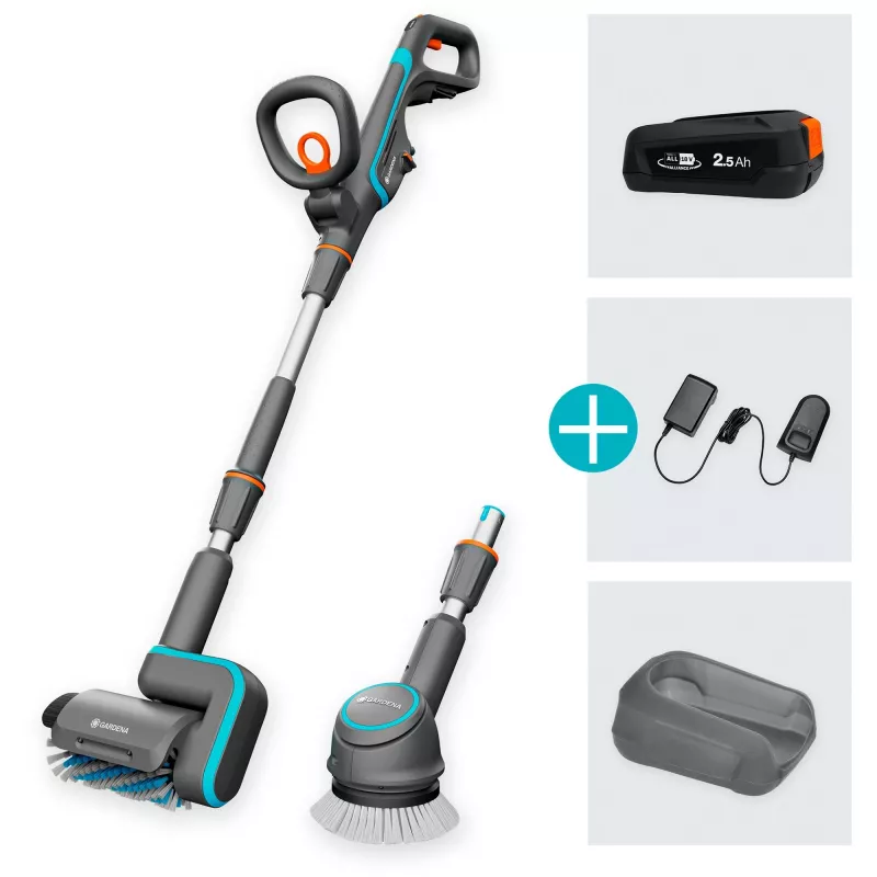 Akumuliatorinis kietų grindų valiklis AquaBrush Universal 18V P4A, pilkai/turquoise, Li-Ion akumuliatorius 2,5Ah P4A, POWER FOR ALL ALLIANCE
