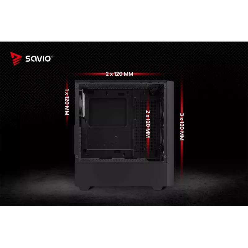 PC korpusas SAVIO Noctis Flow – Cube Mini-ITX/Micro-ATX/ATX, 3x120mm priekyje, 1x120mm gale, 2x3.5 colio + 3x2.5 colio lizdai, grūdintas stiklas