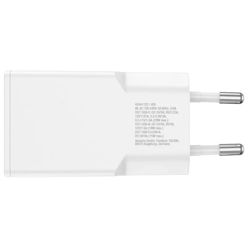 AC vidinis mobiliųjų įrenginių įkroviklis 4smarts 541509 — 100–240V, USB-A + USB-C, 1,5 m laidas, greitas įkrovimas, baltas