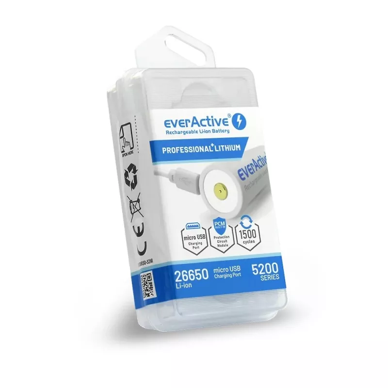 Įkraunama baterija everActive EV26650-52M 3.7V 5200mAh su Micro USB įkrovimu