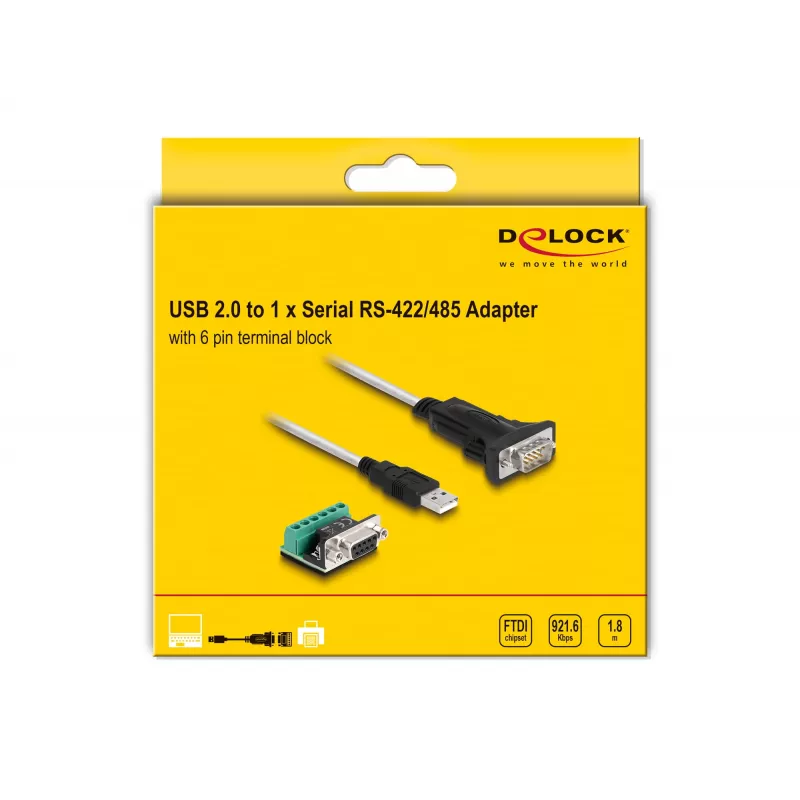 DeLOCK 63465 USB 2.0 į RS-422/RS-485 adapterinis kabelis 1,8 m, juodas/skaidrus