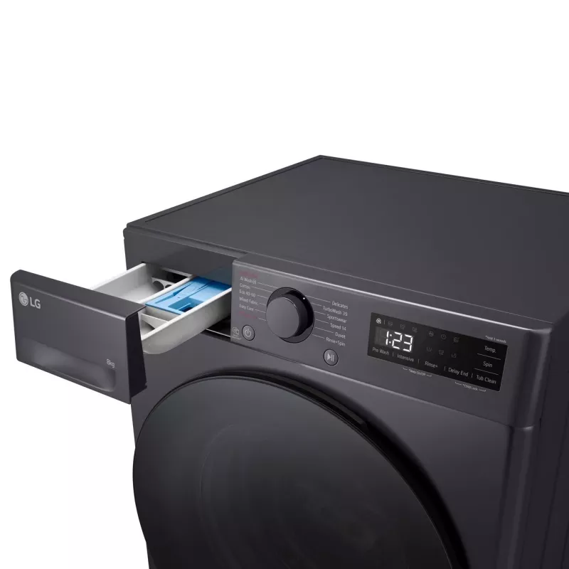 Skalbimo mašina LG F2WR508S2M – priekinė pakrova, 8 kg, 1200 aps./min., A energijos klasė, 60×48 cm, LED, vidurio juoda