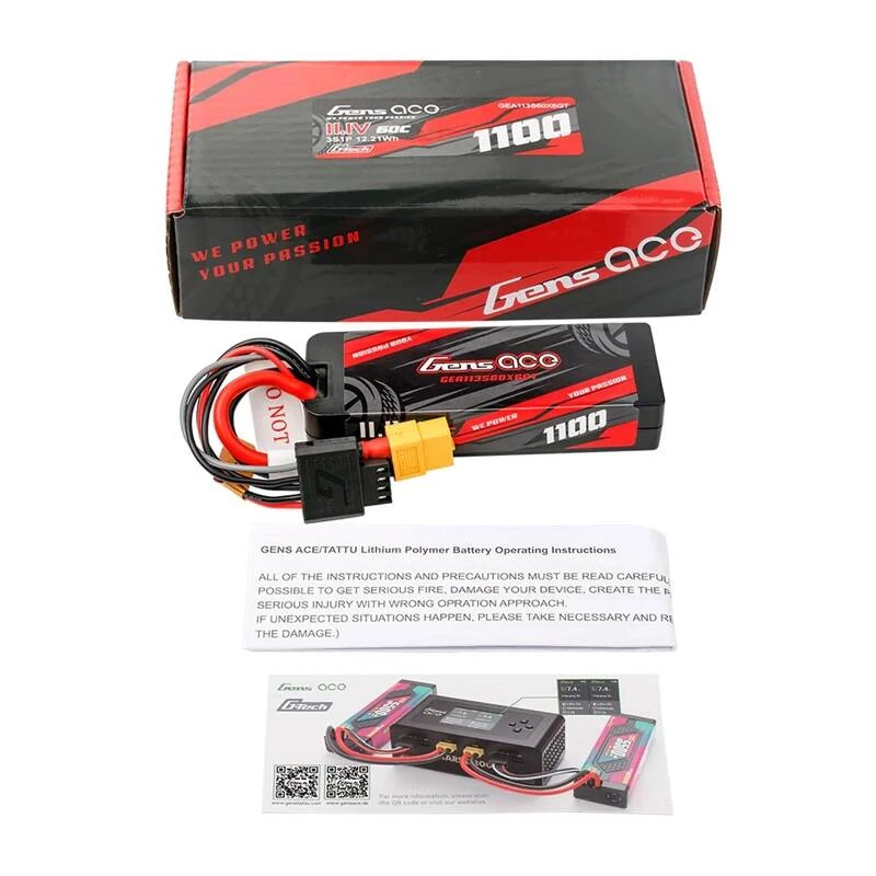 Gens ace G-Tech 1100mAh 11.1V 3S1P 60C GRP-76 Kieto korpuso akumuliatorius su XT60 kištuku