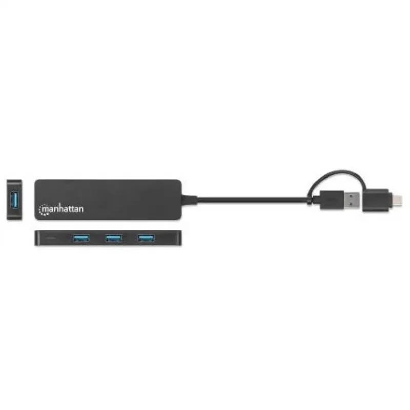 Manhattan USB-C ir USB-A jungties dokas / USB centras, 4x USB-A, 5 Gbps (USB 3.2 Gen1), maitinamas per USB