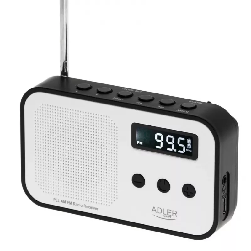 Nešiojamas skaitmeninis radijas Adler AD 1907 – AM/FM, skaitmeninis imtuvas, žadintuvas, USB-C, 600 mAh baterija, LCD, 20 išankstinių stočių, teleskopinė antena
