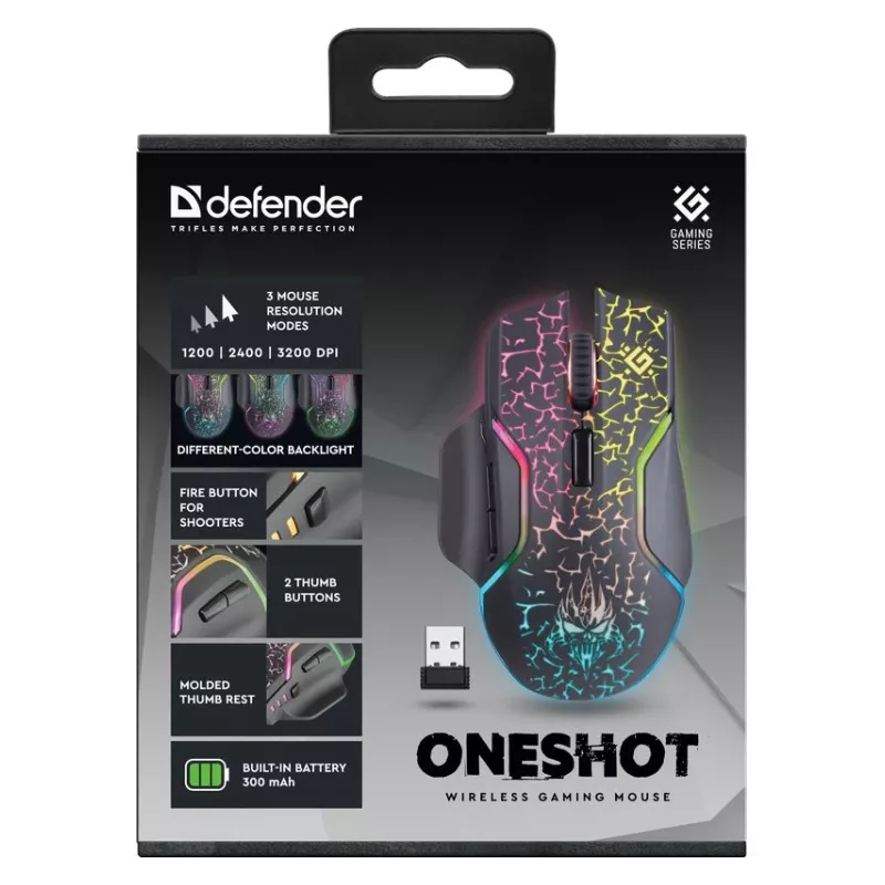 Defender Oneshot GM-067 Belaidė žaidimų pelė, dešinei rankai, RF + USB, pilka