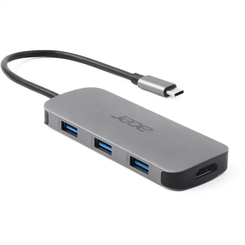 7-in-1 USB-C adapteris Acer — USB 3.2 Gen 1 Type-C, 3x USB-A, HDMI, SD/MicroSD, 100W PD, sidabrinis