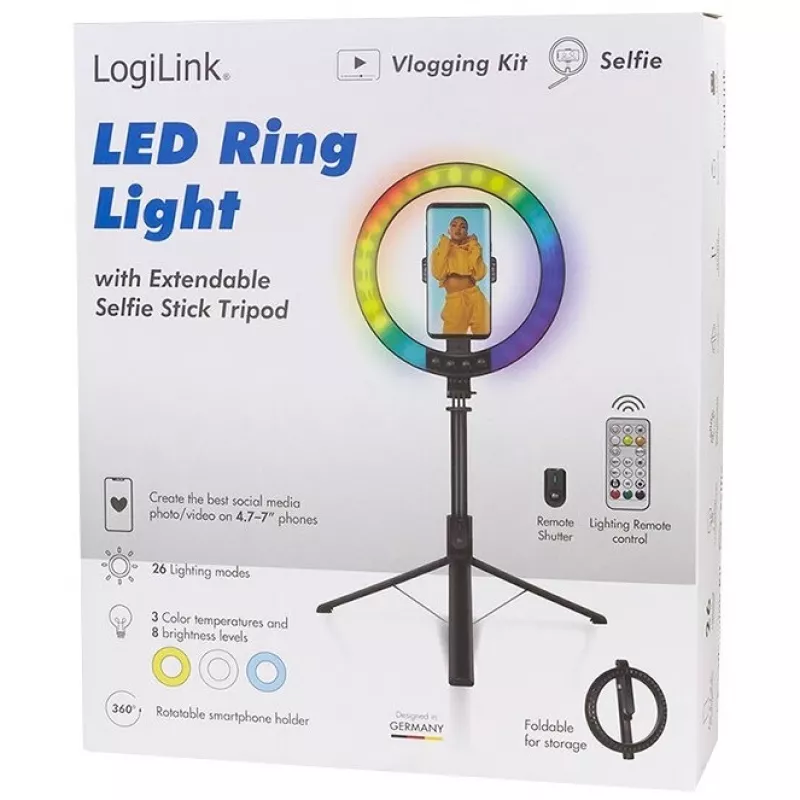 LogiLink išmaniojo telefono žiedinė šviesa su selfie lazda ir trikoju, DM 20 cm (AA0156)
