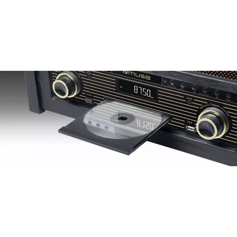 Patefonas muse MT-115 W – juodas/auksinis, 33-45-78 aps./min., J formos tonearmas, sukamas garsumas, 240 V kintamoji srovė