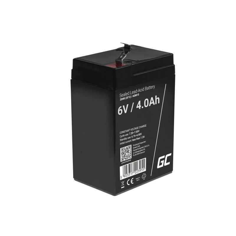 UPS baterija Green Cell AGM15, 6 V, 4 Ah, sandarus švino rūgšties (VRLA), juoda, 680 g