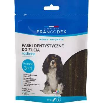 Dantų juostelės FRANCODEX šunims, pakuotė po 15 paketėlių – dantų skanėstas suaugusiems mažiems šunims (5–10 kg), 228 g, daržovių skonio, be glitimo