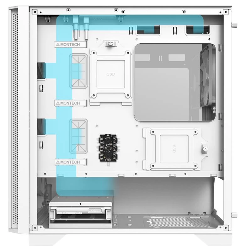 Montech AIR 100 ARGB Micro-ATX korpusas su keturiai ARGB ventiliatoriais, itin minimalistinis dizainas, smulkus tinklelio priekis, didelis oro srautas, unikalus šoninis skydelis