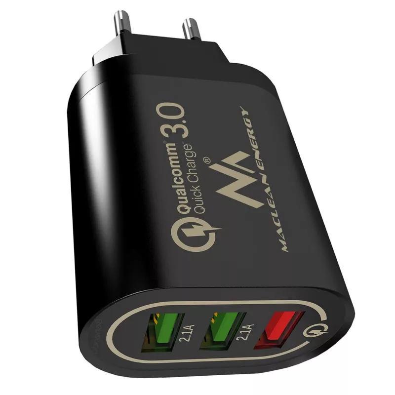 USB sieninis įkroviklis MACLEAN MCE479B – 3x USB prievadai, 18 W bendra galia, kompaktiškas