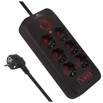 Maitinimo juosta MACLEAN MCE391 B – 6 lizdai, 4×USB-A + 1×USB-C, 110–240V, 2500W, 3 m laidas, juoda