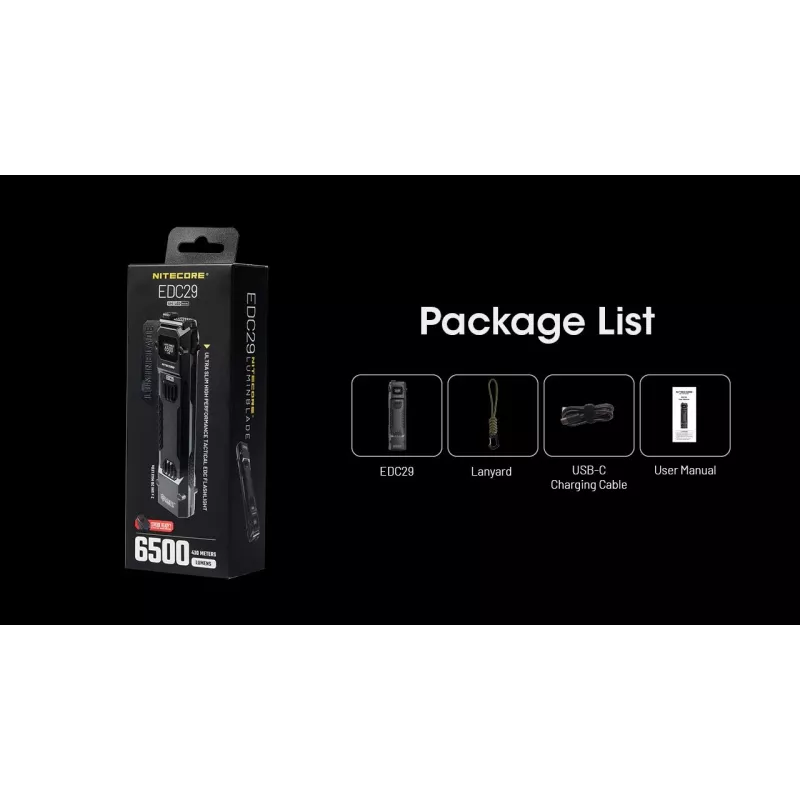 Kišeninis žibintuvėlis Nitecore EDC29, nerūdijančio plieno korpusas, 2 LED, 15–6500 lm, IP54, USB įkraunamas