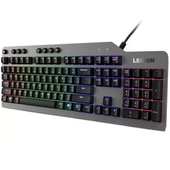 Mechaninė žaidimų klaviatūra Lenovo Legion K500 – pilno dydžio 104 klavišų USB, QWERTY JAV anglų, RGB foninis apšvietimas, pilka/juoda