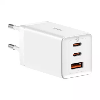Sieninis įkroviklis Baseus GaN5 Pro 65W – USB + 2×USB-C (QC3.0, PD3.0) su 1 m USB-C laidu, baltas