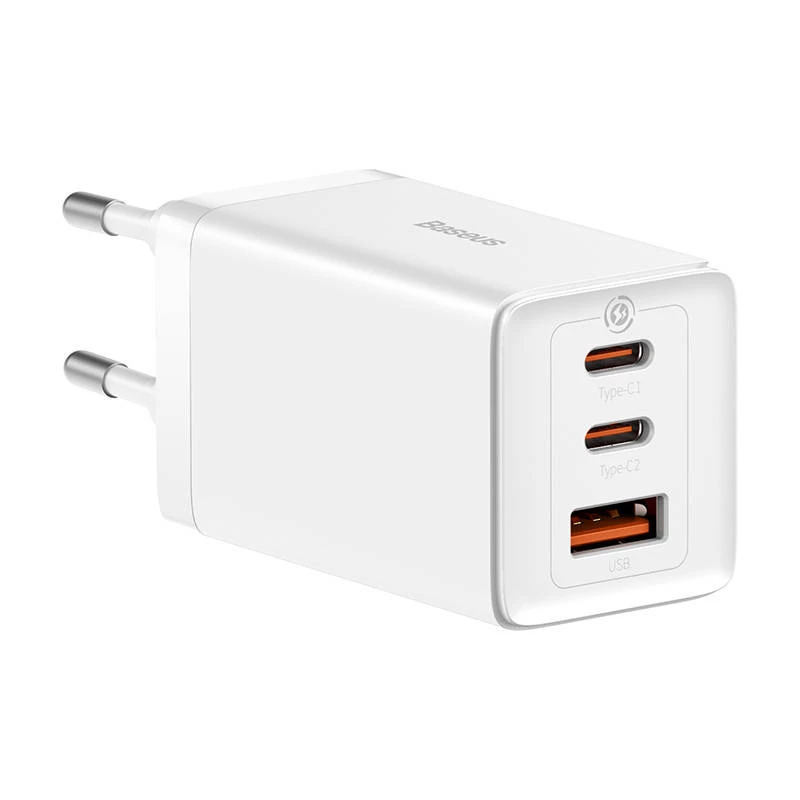 Sieninis įkroviklis Baseus GaN5 Pro 65W – USB + 2×USB-C (QC3.0, PD3.0) su 1 m USB-C laidu, baltas