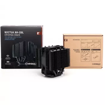 Procesoriaus aušintuvas Noctua NH-D9L CHROMAX.BLACK — 92 mm ventiliatorius, 400–2000 RPM, 22,6 dB, matmenys 95×95×110 mm, svoris 531 g
