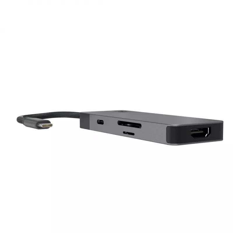 USB Type-C stotelė Green Cell HUBGC01 — 7 prievadai: 3×USB-A 3.2 Gen 1, 1×USB-C 3.2 Gen 1, HDMI, microSD+SD kortelių skaitytuvas — sidabrinė