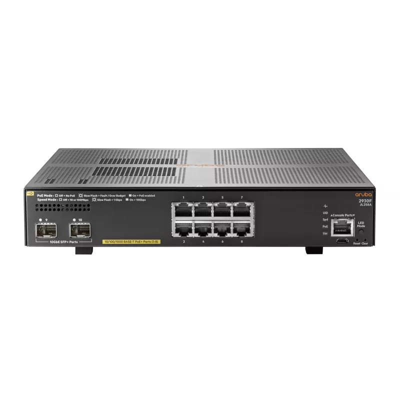 Hewlett Packard Enterprise HPE Aruba 2930F 8G PoE+ 2SFP+ - Valdomas L3 jungiklis - 8 x 10/100/1000 (PoE+) + 2 x 1 Gb/10 Gb SFP+ (aukštyn) - montuojamas į stelažą - PoE+ (125 W)