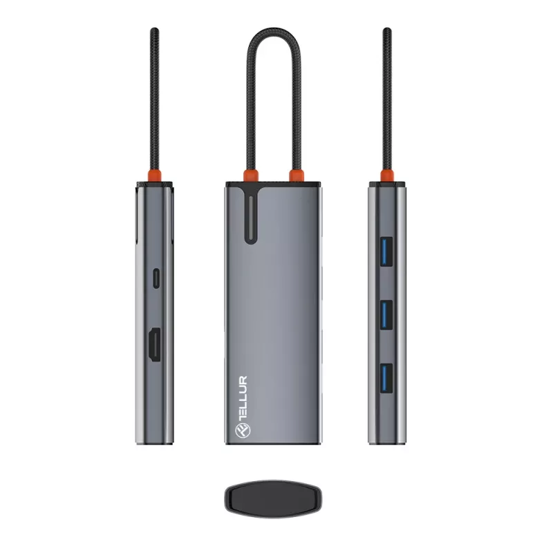USB-C šakotuvas Tellur TLL321061 su PD 3.0 100W, HDMI išvestimi ir 3× USB 3.0 prievadais