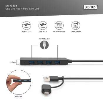 USB 3.2 Gen 1 šakotuvas, Digitus DA-70235, 4 prievadai, USB-A ir USB-C, 5 Gbit/s
