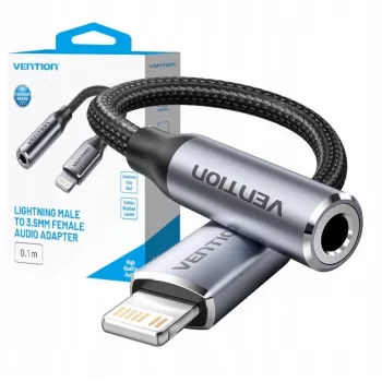 Garso adapteris Vention Lightning – 3,5 mm BMBHA, pilkas, 0,1 m