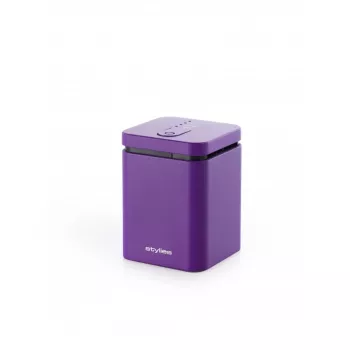 Evaporacinis aromato difuzorius Stylies ELARAPURPLE patalpoms iki 25 m² — violetinis, stačiakampis, AC/baterija/USB maitinimas, kvapo kasetė, 2 h laikmatis, 74×74×100 mm, 1,3 W