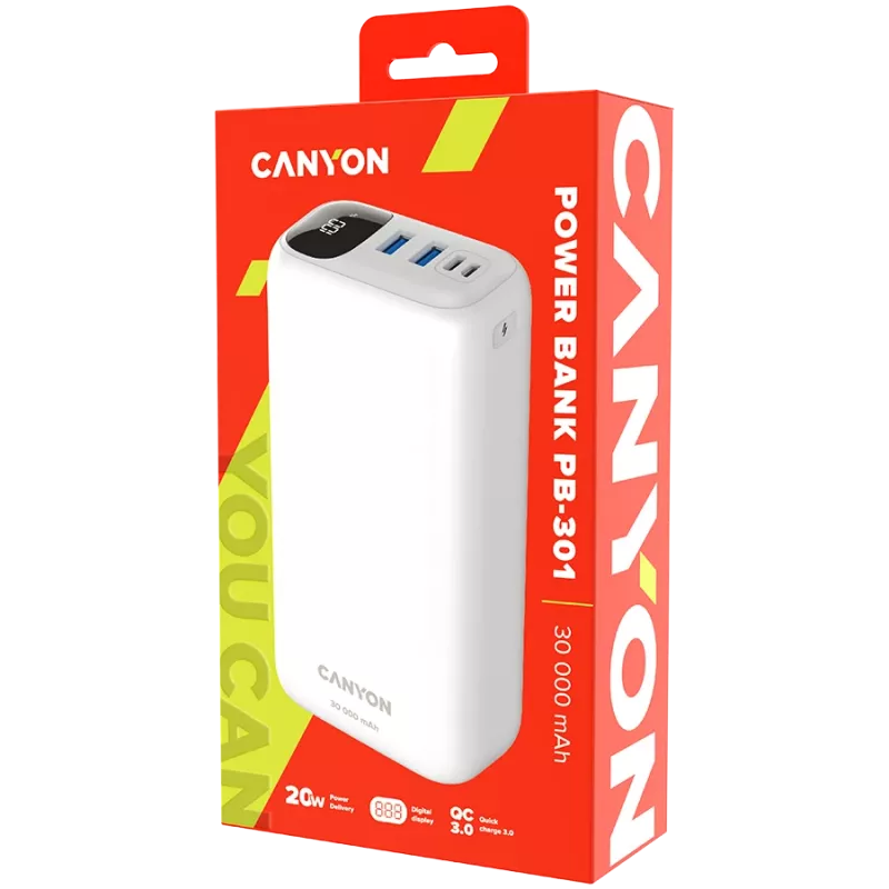 CANYON PB-301 LED 30000 mAh PD 20W QC 3.0 Baltas