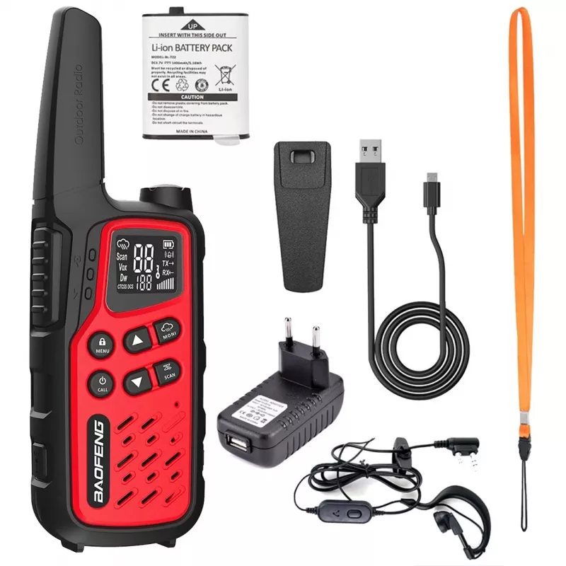 Nešiojamos racijos Baofeng BF-T25E — 16 kanalų, 0,5 W, Li-Ion 1400 mAh, rinkinys 2 vnt. (raudonos)