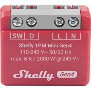 Išmanusis jungiklis Shelly 1PM Mini Gen4, belaidis 110–240V AC, max 8A / 2000W, plastikinis korpusas 34×16×29 mm