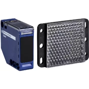 Fotoelektrinis jutiklis APC XUK1ARCNL2H61 — mėlynas plastikinis korpusas, 0–7 m diapazonas, 24–240 V AC įėjimas, 250 V išėjimas, 50×50×18 mm