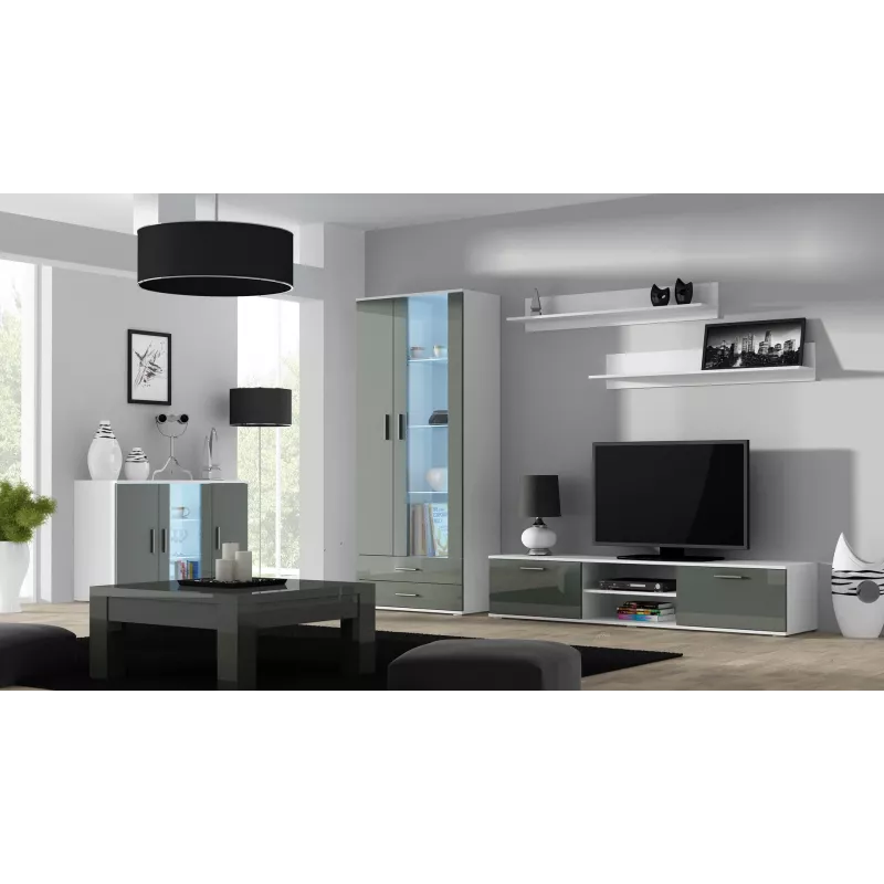 Komoda Cama Meble SOHO S7, 120 cm, balta/pilka blizgi, 3 durys, 4 lentynos