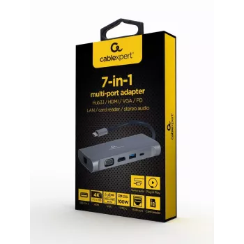Gembird A-CM-COMBO7-01 nešiojamojo kompiuterio dokas / prievadų replikatorius USB 3.2 Gen 1 (3.1 Gen 1) Type-A pilkas