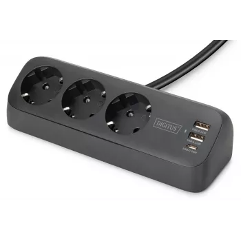 DIGITUS 3-jų lizdų ilginimo blokas su 2×USB-A ir 1×USB-C, 3 AC lizdai (E/F tipas), 1,5 m laidas, juodas