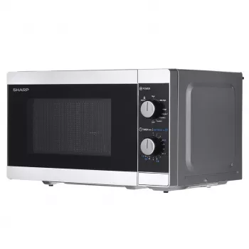 Kombinuota mikrobangų krosnelė Sharp YC-MG01E-S — 20 l, 800 W mikrobangos, 1000 W grilis, 5 galios lygiai, sukamasis valdiklis, 25,5 cm padėklas