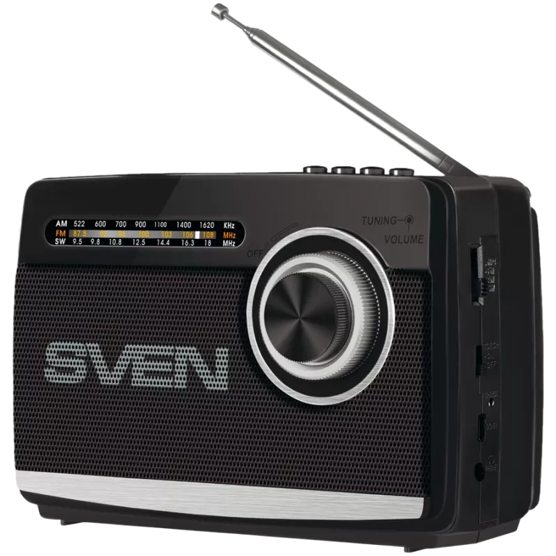 Nešiojamas radijo imtuvas ir garsiakalbis SVEN SRP-155, juodas (3W, Bluetooth, FM/AM/SW, USB, microSD, žibintuvėlis, baterija)