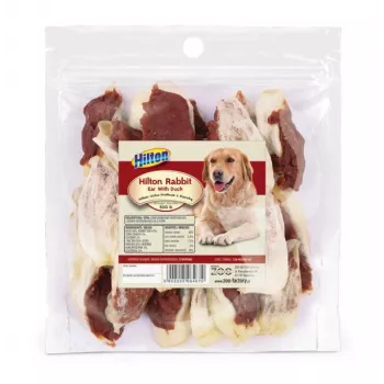Šunų kramtomasis užkandis Hilton Rabbit Ear with Duck – natūralus triušio ausies ir antienos kramtukas, 500 g