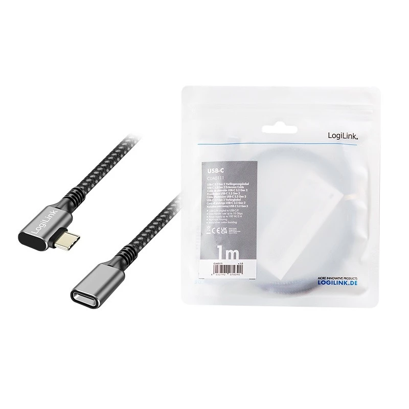 USB 3.2 Gen2 tipo-C prailginimo kabelis su PD, 1 m, 90° kampinis
