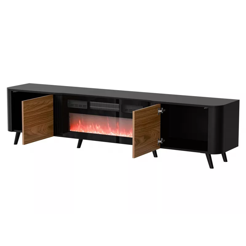 Spintelė TV Cama Meble Volare 200 x 39 x 49 cm juoda/riešutas su elektriniu židiniu