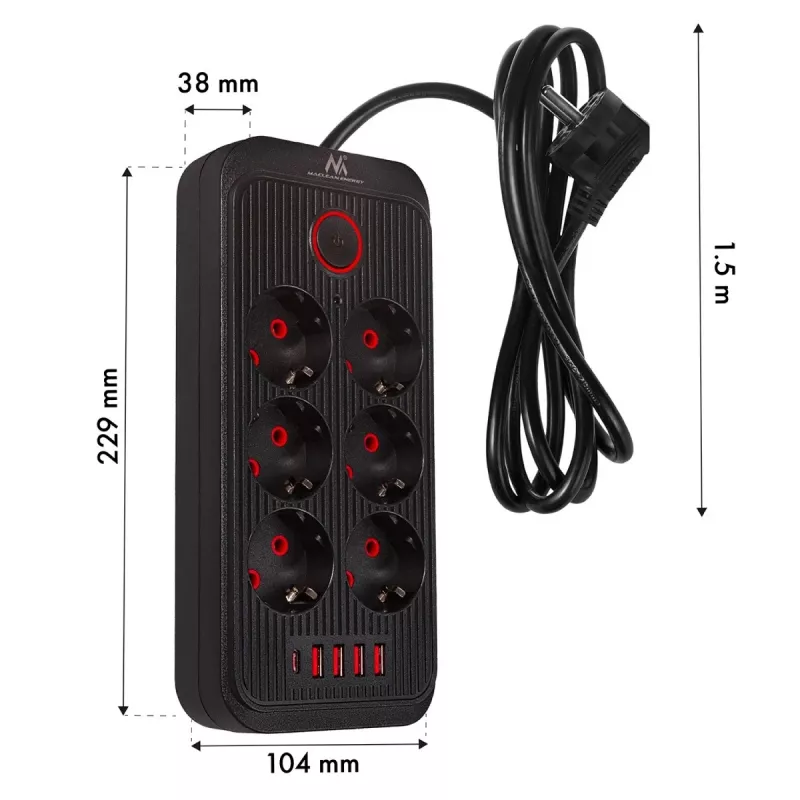 Maitinimo blokas MACLEAN MCE389 B — 6 lizdai, 4×USB-A + 1×USB-C, 110–240V, 2.1A, 2500W, 1.5 m laidas, juodas