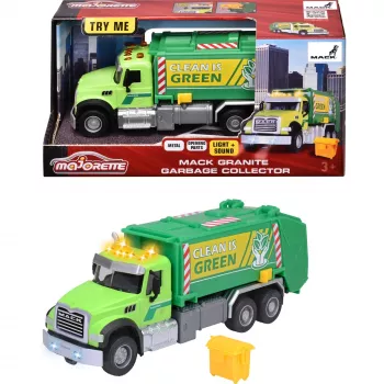 Žaislinis automobilis Majorette Mack Granite šiukšliavežis modelis 213743007, liejimo skalės žaislas