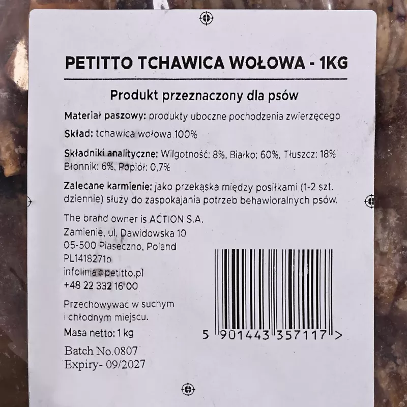 Šunų skanėstas PETITTO Jaučio trachėja 1 kg - natūralus kramtomasis kaulas