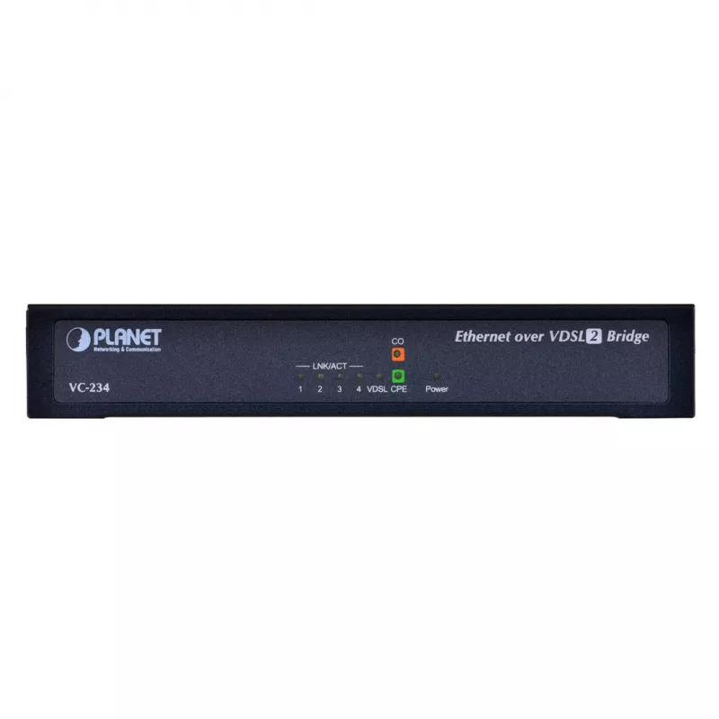 Tinklo tiltas PLANET VC-234 valdomas 4 prievadų Fast Ethernet (10/100) 1U stovo montavimui, DC įvadas, 0,8 Gbit/s perjungimo talpa