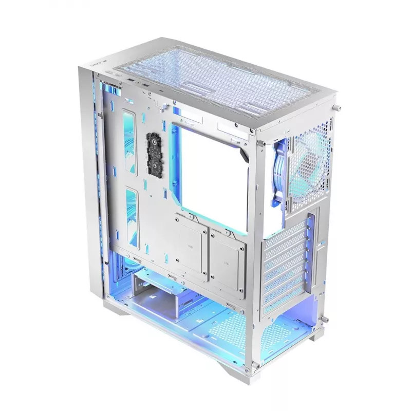 Kompiuterio korpusas LOGIC Dart Pro Midi ARGB baltas — Midi bokštas, ATX, 456×200×385 mm, max GPU 34 cm, CPU aušintuvo aukštis 155 mm, 3×120mm priekyje + 1×120mm gale, USB 3.0 x2, USB-C x1